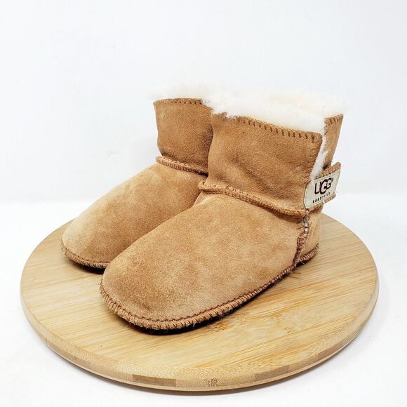 UGG Erin Boots Infant L High Top Wrap Brown Suede Sheepskin Baby Strap Booties - Picture 2 of 11